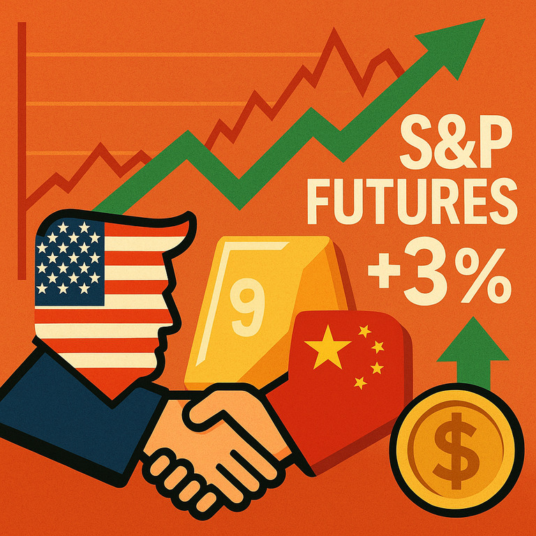 미국과 중국 국기가 그려진 인물이 악수하는 모습, 금괴와 달러 기호, 상승 그래프와 함께 'S&P FUTURES  3%'라는 문구가 있는 이미지