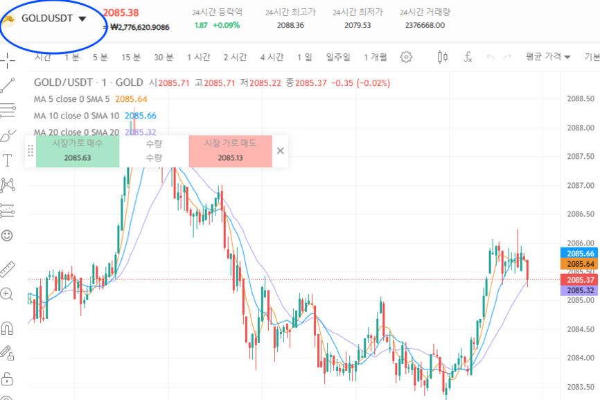 GOLD/USDT 차트 화면으로, 현재 가격은 2085.38이며, 다양한 이동평균선과 최근 거래 데이터가 표시되어 있다.