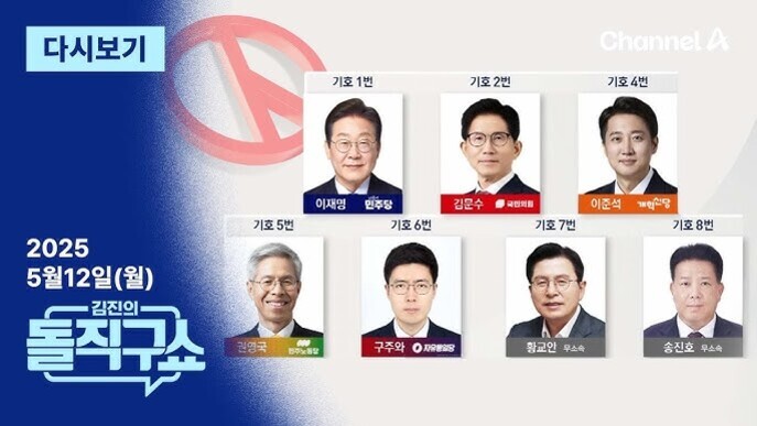 2025년 5월 12일에 방송되는 Channel A 프로그램 '김진의 돌직구쇼'의 이미지로, 주요 대선 후보 7명의 사진과 이름, 소속 정당이 나와 있다. 각 후보는 기호와 함께 상단에는 이재명(민주당), 김문수(국민미래당), 이준석(개혁신당)이 있고, 하단에는 권영국(녹색정의당), 구주완(자유혁명당), 황교안(무소속), 송진호(무소속)가 있다.