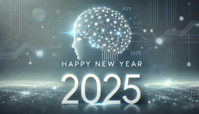 인공지능 두뇌와 회로 패턴이 배경에 있는 미래적인 디자인의 이미지로, 중앙에 'HAPPY NEW YEAR 2025'라는 문구가 크게 쓰여 있다.