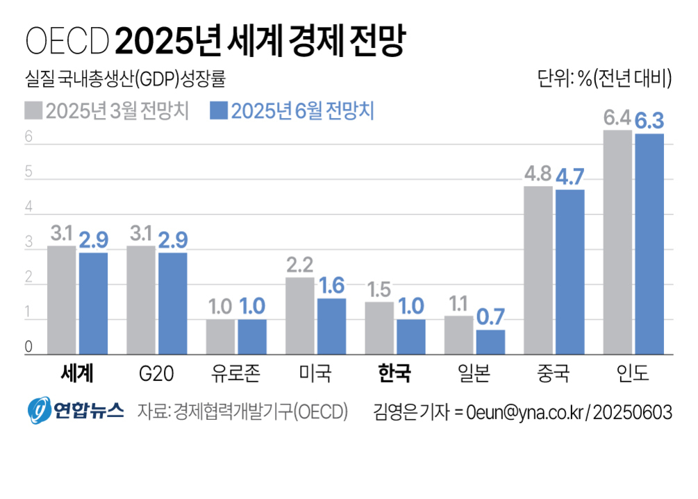 OECD 2025년 세계 경제 전망을 보여주는 막대그래프. 2025년 3월과 6월 전망치가 각각 회색과 파란색으로 표시되어 있으며, 세계, G20, 유로존, 미국, 한국, 일본, 중국, 인도의 실질 GDP 성장률이 비교됨. 인도가 가장 높고(6.4%→6.3%), 한국은 1.5%→1.0%로 하락.