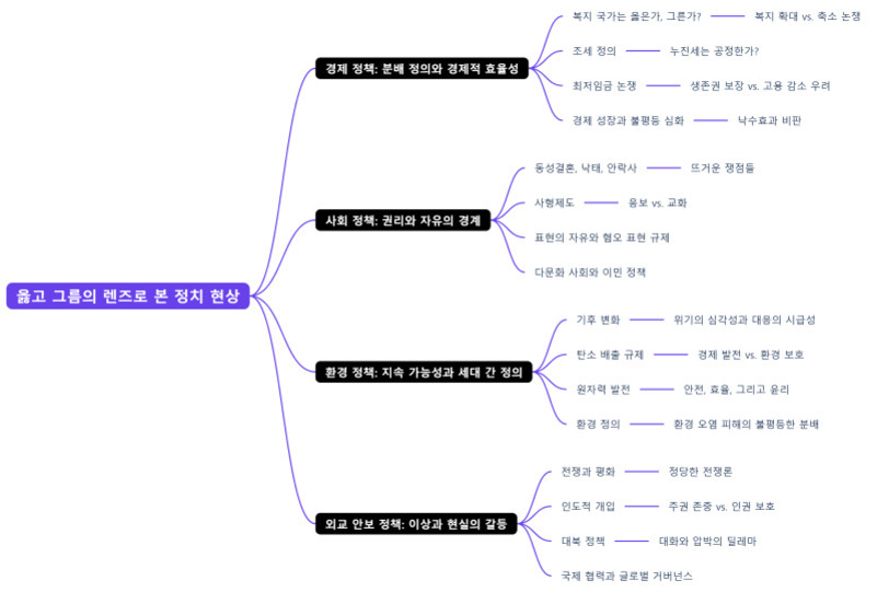 '옳고 그름의 렌즈로 본 정치 현상'이라는 주제로 경제 정책, 사회 정책, 환경 정책, 외교 안보 정책 등 네 가지 분야에서 각각의 쟁점과 논쟁거리를 정리한 마인드맵 이미지