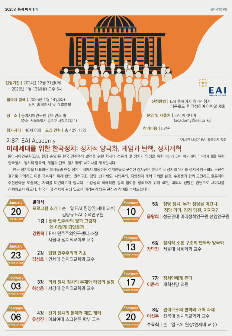 2025년 동계 아카데미 홍보 포스터. 국회의사당 그림과 여러 명의 사람 아이콘이 중앙에 배치되어 있다. 신청기간, 합격자 발표, 장소, 참가자격, 모집 인원, 참가비용 등 안내와 함께 EAI Academy 세미나 일정(1월 20일~2월 20일) 및 강연 주제와 연사가 표기되어 있다.