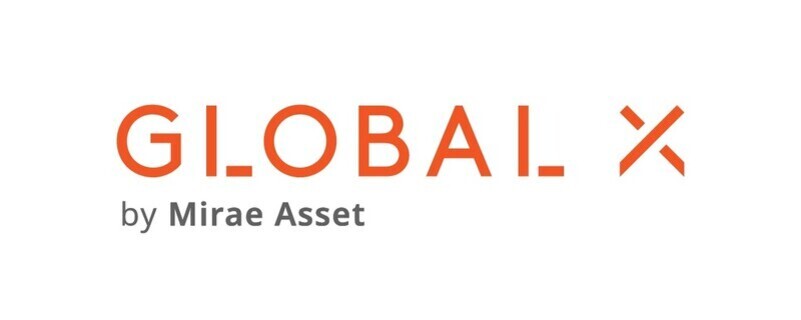 GLOBAL X by Mirae Asset 로고 이미지, GLOBAL X는 주황색 글씨로, by Mirae Asset은 회색 글씨로 표시됨.