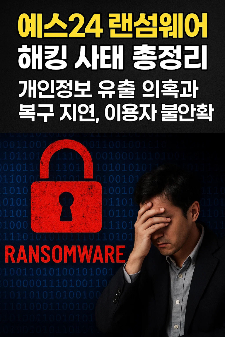 예스24 랜섬웨어 해킹 사태 총정리라는 제목과 함께 개인정보 유출 의혹, 복구 지연, 이용자 불안 확산 등의 문구가 적혀 있고, 아래에는 빨간 자물쇠 아이콘과 RANSOMWARE라는 글씨, 얼굴을 손으로 감싸고 있는 남성이 있는 이미지