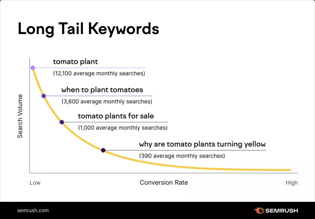 'Long Tail Keywords'라는 제목의 그래프 이미지로, x축은 전환율(Conversion Rate), y축은 검색량(Search Volume)을 나타낸다. 'tomato plant', 'when to plant tomatoes', 'tomato plants for sale', 'why are tomato plants turning yellow' 등 키워드가 검색량과 함께 표시되어 있으며, 왼쪽 상단에서 오른쪽 하단으로 곡선이 그려져 있다.
