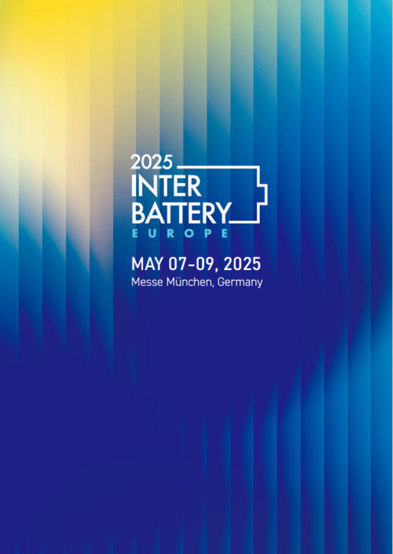 2025 InterBattery Europe 전시회가 2025년 5월 7일부터 9일까지 독일 뮌헨 Messe München에서 개최됨을 알리는 포스터. 배경은 노란색과 파란색 그라데이션.