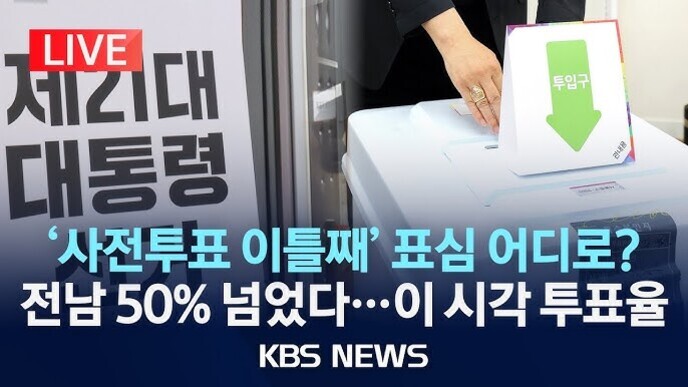 제21대 대통령 선거 사전투표 장면과 투표함에 투표용지를 넣는 손, 'LIVE'와 KBS NEWS 로고, 사전투표율 관련 뉴스 자막이 포함된 이미지
