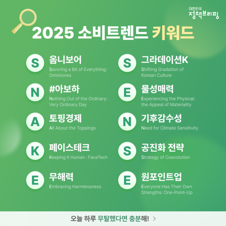 2025 소비트렌드 키워드를 소개하는 인포그래픽 이미지. SNAKE SENSE의 각 알파벳으로 시작하는 10가지 트렌드(옴니보어, #아보하, 토핑경제, 페이스테크, 무해력, 그라데이션K, 물성매력, 기후감수성, 공진화 전략, 원포인트업)와 각각의 영어 설명이 나열되어 있다. 하단에는 '오늘 하루 무탈했다면 충분해!'라는 문구가 있다.