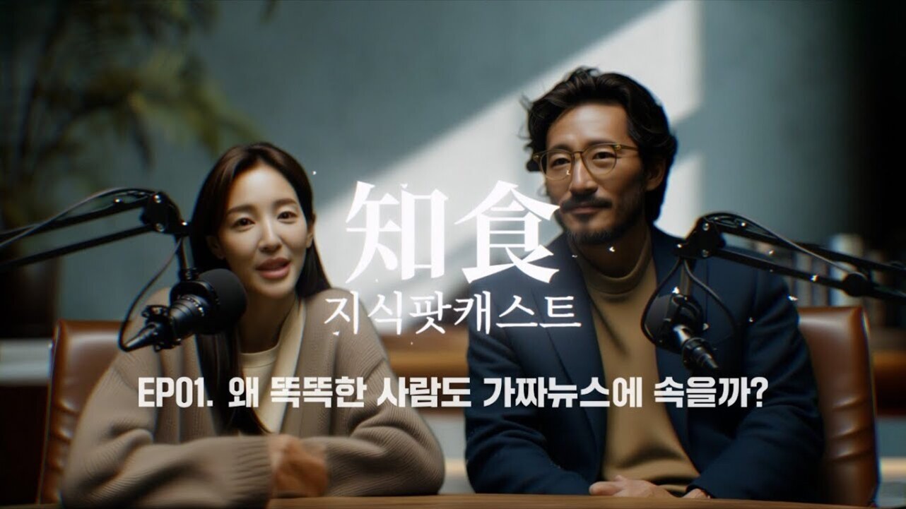 두 명의 남녀가 마이크 앞에 앉아 팟캐스트를 녹음하는 모습. 화면 중앙에는 '지식팟캐스트'라는 한글과 한자가 크게 보이고, 하단에는 'EP01. 왜 똑똑한 사람도 가짜뉴스에 속을까?'라는 문구가 있다.