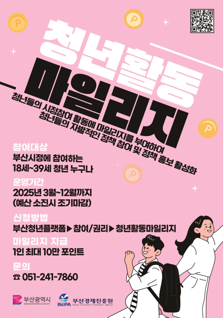 분홍색 배경에 '청년활동 마일리지'라는 제목과 함께 부산시정 참여 청년 대상 마일리지 지급 안내 포스터. 참여대상, 운영기간, 신청방법, 지급 내용, 문의처(051-241-7860) 등이 적혀 있고, 하단에는 부산광역시와 부산경제진흥원 로고가 있음. 오른쪽 아래에는 가방을 멘 남녀 청년 일러스트가 그려져 있음.
