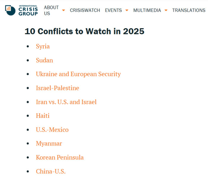 2025년에 주목해야 할 10대 분쟁 목록: 시리아, 수단, 우크라이나 및 유럽 안보, 이스라엘-팔레스타인, 이란 대 미국 및 이스라엘, 아이티, 미국-멕시코, 미얀마, 한반도, 중국-미국.