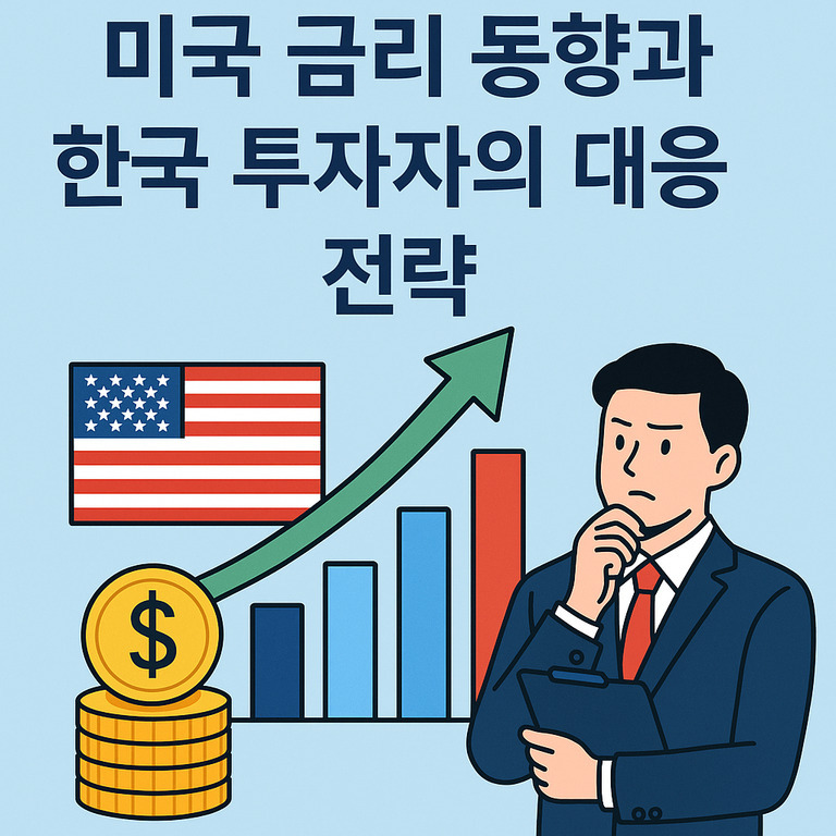 미국 국기, 금화, 상승하는 그래프, 고민하는 남성 투자자와 함께 '미국 금리 동향과 한국 투자자의 대응 전략'이라는 문구가 있는 이미지