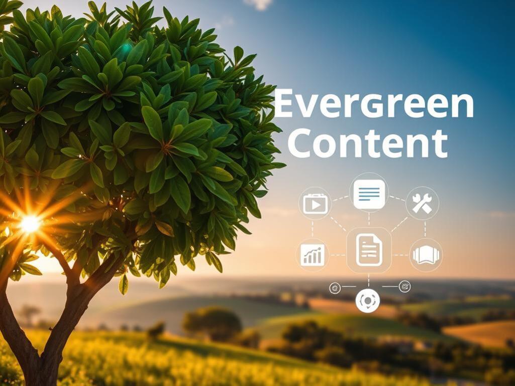 햇살이 비치는 나무와 들판 풍경 위에 'Evergreen Content'라는 글자가 있고, 다양한 콘텐츠 아이콘이 배치되어 있는 이미지