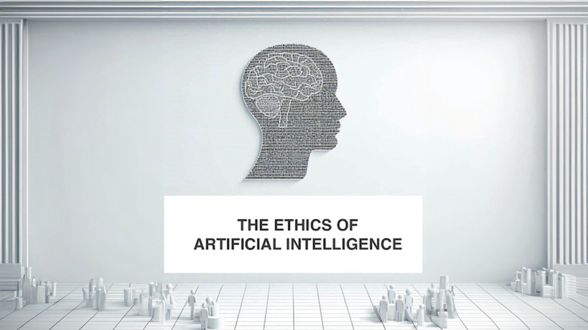 흰색 배경에 인공지능의 뇌를 형상화한 사람 머리 실루엣과 'THE ETHICS OF ARTIFICIAL INTELLIGENCE'라는 문구가 적힌 패널이 있는 이미지