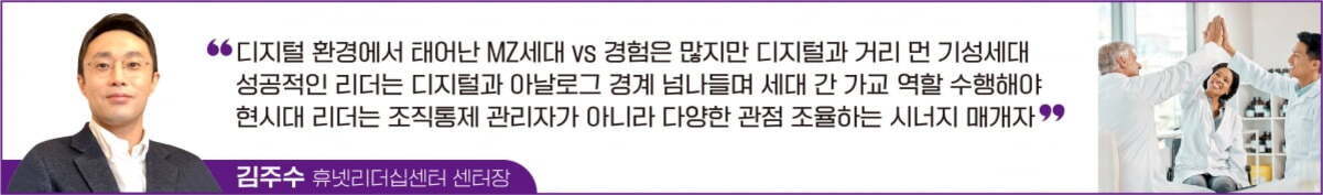 왼쪽에는 정장을 입은 남성의 증명사진이 있고, 오른쪽에는 세 명의 직장인이 하이파이브를 하는 모습이 있다. 중앙에는 김주수 휴넷리더십센터 센터장의 이름과 함께 디지털 환경에서 태어난 MZ세대와 기성세대 리더십에 대한 의견이 적혀 있다.