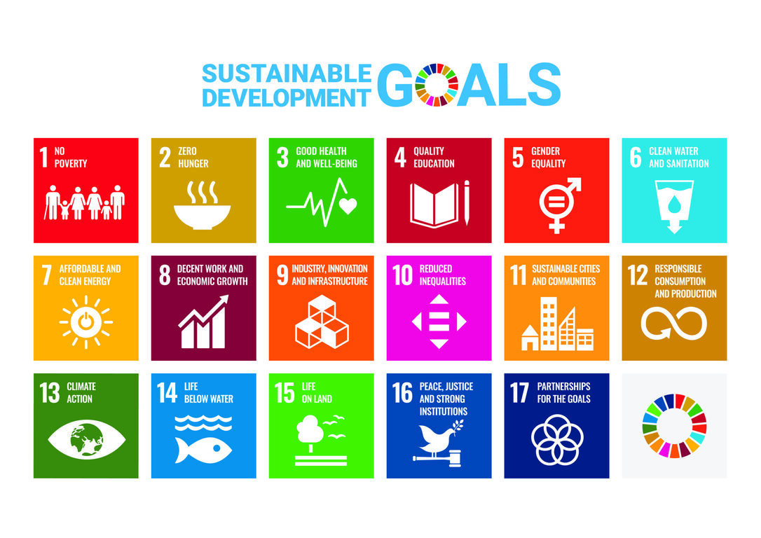 유엔 지속가능발전목표(SDGs) 17가지가 각기 다른 색상과 아이콘으로 정사각형 안에 영어로 나열되어 있다.