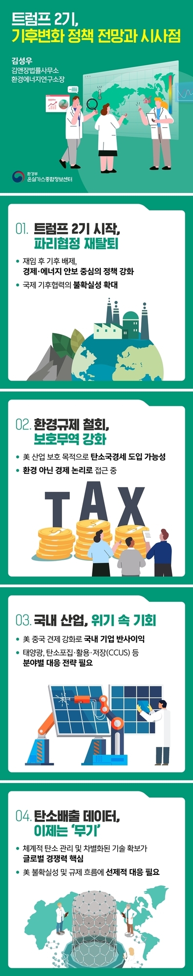 트럼프 2기 기후변화 정책 전망과 시사점에 대한 인포그래픽. 주요 내용은 파리협정 재탈퇴, 환경규제 철회 및 보호무역 강화, 국내 산업의 위기 속 기회, 탄소배출 데이터의 중요성 등 네 가지로 구성되어 있으며 각 항목마다 관련 일러스트가 포함되어 있다.