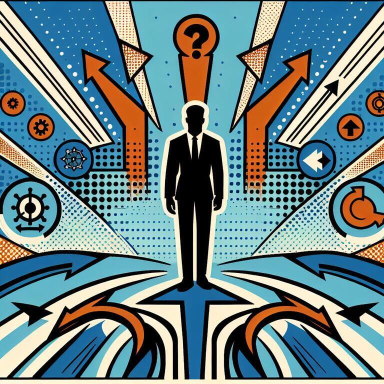 정치적 리더십의 유형과 변화: 현대 사례와 소통 전략의 진화 5 여러 갈림길과 화살표가 있는 배경 앞에 서 있는 정장 차림의 남성 실루엣, 머리 위에는 물음표가 있음.