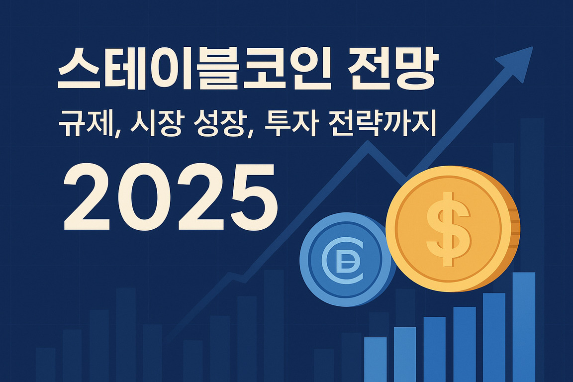 국제 금융 시장의 불확실성 시대, 2025년 투자 전략과 환율 전망 6 '스테이블코인 전망 2025: 규제, 시장 성장, 투자 전략까지'라는 문구와 함께 상승하는 그래프, 코인 아이콘이 있는 이미지