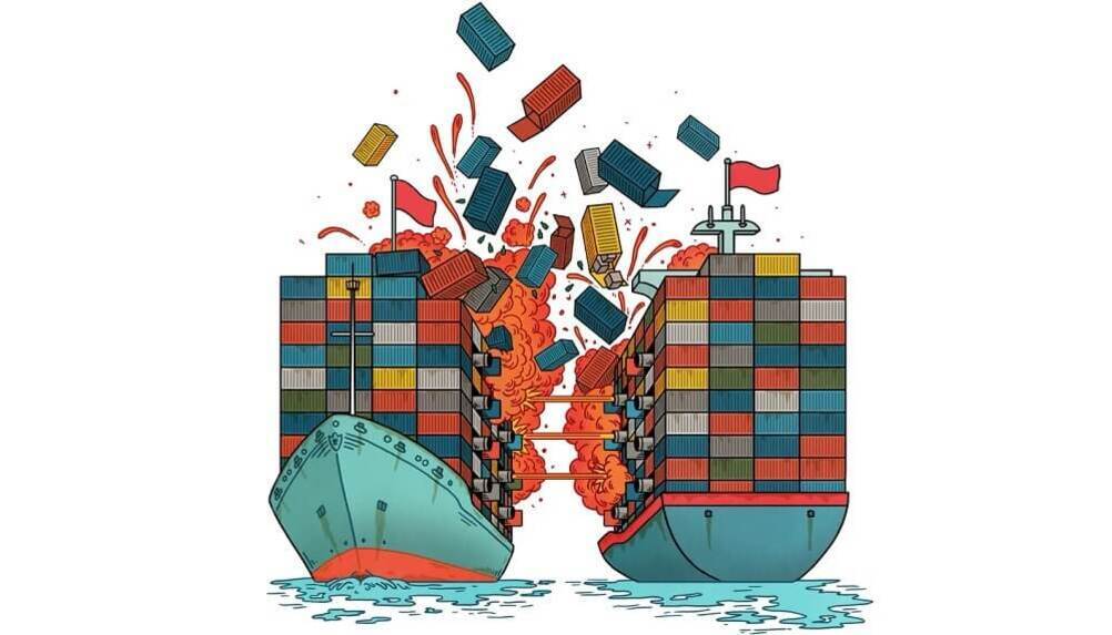 두 대의 대형 컨테이너선이 충돌하여 컨테이너들이 공중으로 튀어오르고 붉은 연기가 발생하는 만화 스타일의 그림