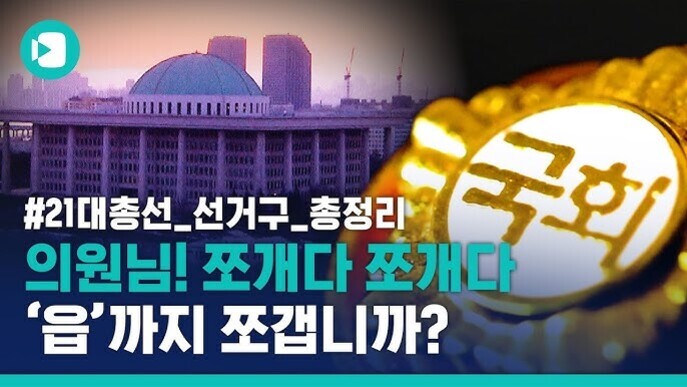 국회의사당 건물과 국회 배지가 함께 보이며, '#21대총선_선거구_총정리 의원님! 쪼개다 쪼개다 '읍'까지 쪼갭니까?'라는 문구가 적혀 있다.