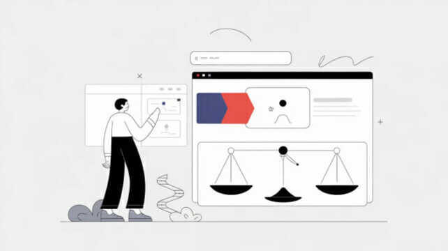 한 사람이 컴퓨터 화면 앞에 서서 웹사이트를 조작하고 있으며, 화면에는 슬픈 얼굴 아이콘과 저울 그림이 표시되어 있다.