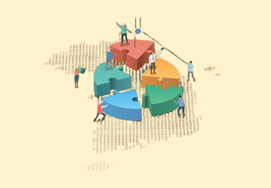 여러 명의 사람들이 다양한 색상의 퍼즐 조각을 맞추며 협력하는 모습을 나타낸 일러스트