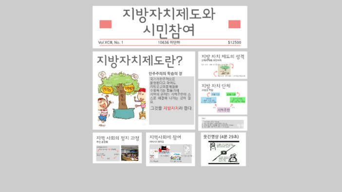 지방자치제도와 시민참여에 관한 신문 형식의 이미지로, 중앙에는 '지방자치제도란?'이라는 제목과 함께 나무 그림과 아이들이 있는 삽화가 있다. 하단에는 지방자치 제도의 성격, 지방 자치 단체, 지방 사회의 정치 과정, 지방선거의 참여, 흑백 만화 등 다양한 소주제가 정리되어 있다.
