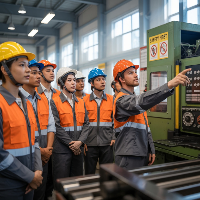 여러 명의 작업복과 안전모를 착용한 사람들이 공장 내부에서 기계 앞에 모여 한 사람이 조작법을 설명하는 모습