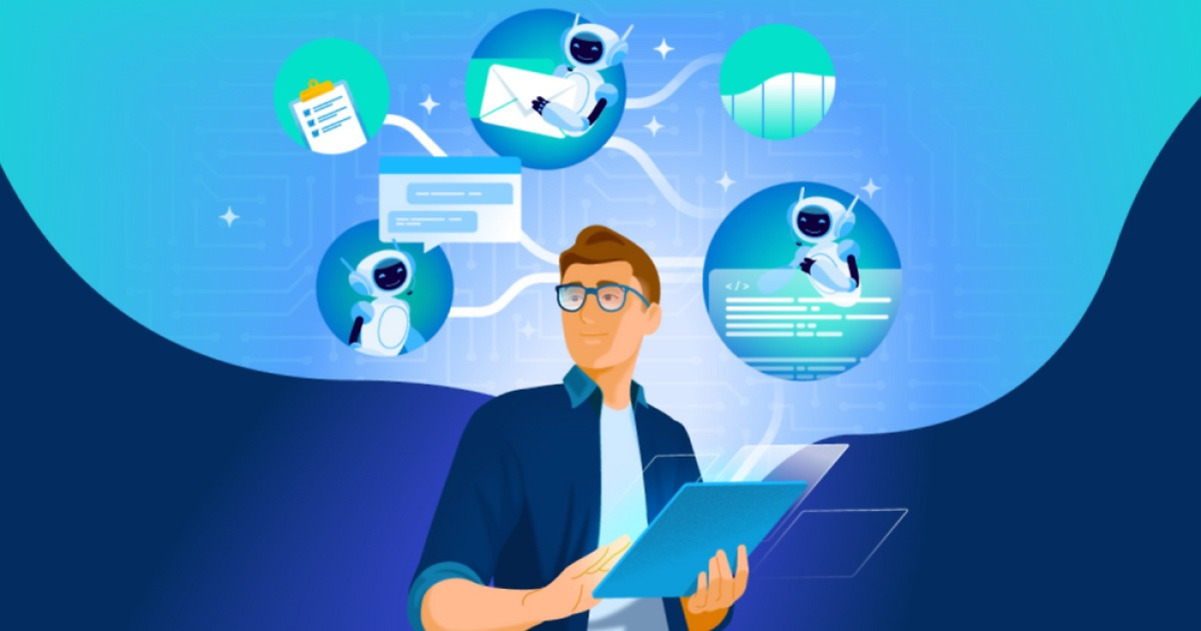 노트북을 들고 있는 남성이 있고, 주변에 여러 개의 원 안에 로봇과 그래프, 이메일, 체크리스트 아이콘이 떠 있는 일러스트