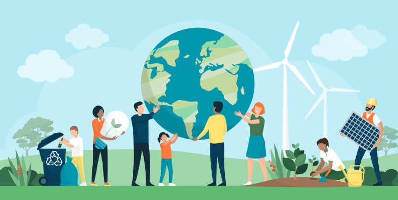여러 사람이 지구를 중심으로 모여 재활용, 식물 심기, 태양광 패널 설치 등 친환경 활동을 하는 모습과 배경에 풍력 발전기가 있는 그림