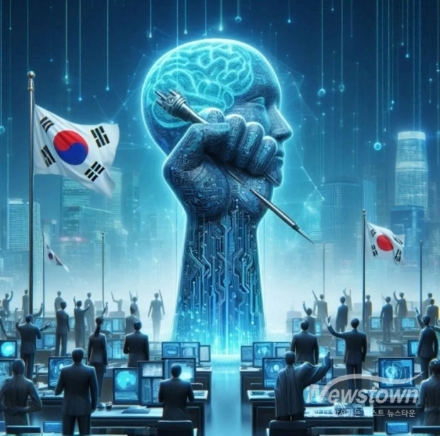 대한민국 국기가 있는 사무실에서 사람들이 컴퓨터를 사용하고 있으며, 중앙에는 전자 회로로 이루어진 거대한 뇌와 손이 펜을 쥐고 있는 형상이 있다. 배경에는 미래적인 도시가 보인다.