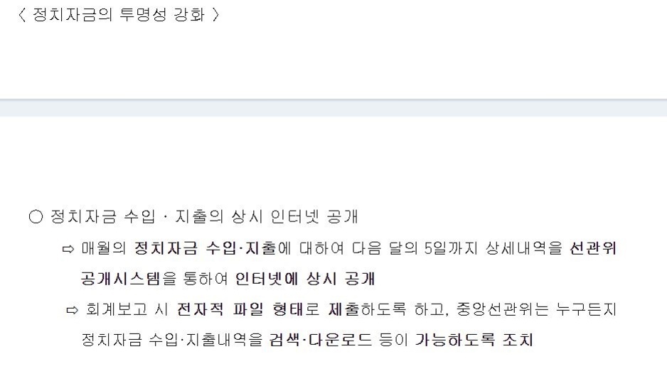정치자금의 투명성 강화를 위한 방안으로 정치자금 수입·지출의 상시 인터넷 공개, 전자적 파일 제출, 검색 및 다운로드 가능 조치에 대한 설명이 적혀 있는 문서 이미지