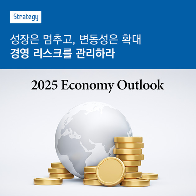 '2025 Economy Outlook'라는 문구와 함께 지구본과 금화 더미가 있는 이미지. 상단에는 '성장은 멈추고, 변동성은 확대 경영 리스크를 관리하라'는 문구가 있음.