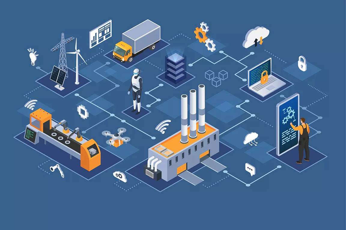 스마트 공장과 산업 자동화를 나타내는 일러스트로, 로봇, 드론, 생산 라인, 공장, 태양광 패널, 트럭, 노트북, 클라우드와 같은 다양한 기술 요소들이 연결되어 있다.