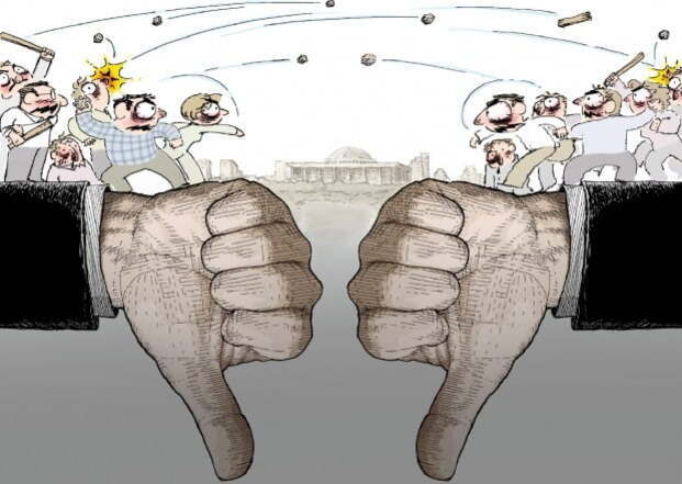 양쪽에서 사람들이 싸우고 있고, 중앙에는 두 개의 엄지손가락이 아래로 향해 있는 그림.