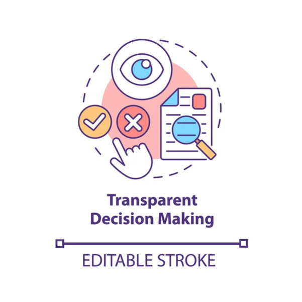 눈, 체크 표시, X 표시, 손가락 아이콘, 확대경이 있는 문서 그림과 함께 'Transparent Decision Making'이라는 문구가 있는 일러스트