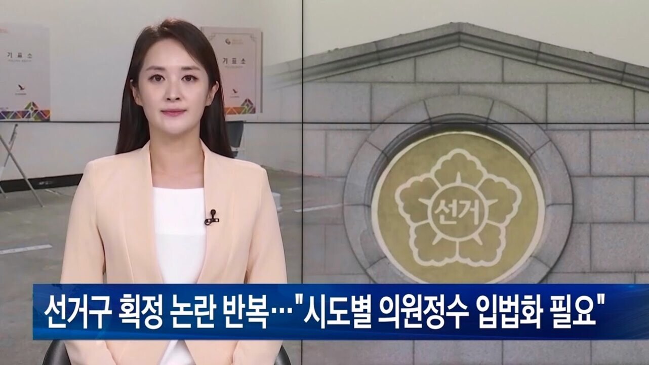 여성 뉴스 앵커가 선거 관련 뉴스를 전하고 있으며, 화면 하단에는 '선거구 확정 논란 반복…시도별 의원정수 입법화 필요'라는 자막이 있다. 배경에는 투표소와 선거 마크가 보인다.