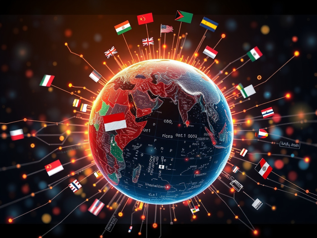 여러 나라의 국기가 지구 주위에 떠 있는 디지털 아트 이미지