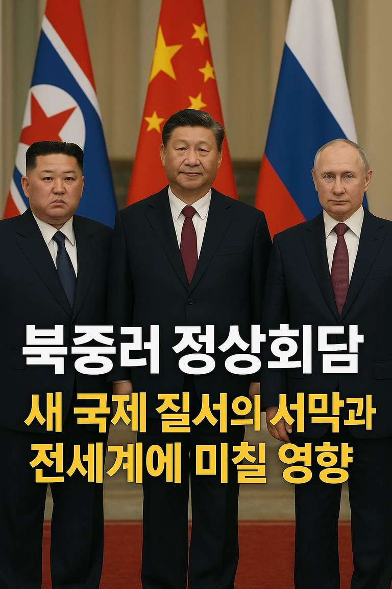 북한, 중국, 러시아 국기가 배경에 있고 정장을 입은 세 명의 남성이 나란히 서 있다. 이미지 중앙에는 '북중러 정상회담'이라는 큰 흰색 글씨와 '새 국제 질서의 서막과 전세계에 미칠 영향'이라는 노란색 글씨가 적혀 있다.