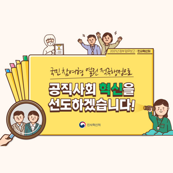 노란색 배경에 '국민 참여·기업 열린 적극행정으로 공직사회 혁신을 선도하겠습니다!'라는 문구가 적혀 있고, 주변에 다양한 직업군의 캐릭터들이 그려져 있는 인사혁신처 홍보 이미지.