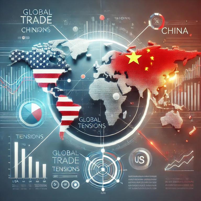 미국과 중국이 각각 국기 색상으로 표시된 세계 지도, 글로벌 무역 및 긴장 관련 그래프와 차트가 배경에 있음.