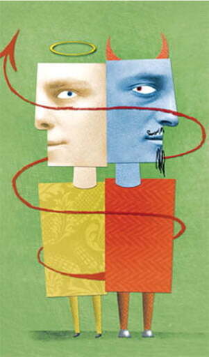 한 인물의 얼굴이 반은 천사, 반은 악마로 나뉘어 있고, 몸도 노란색과 빨간색으로 나뉘어 있다. 천사 쪽에는 후광이, 악마 쪽에는 뿔과 염소수염이 있으며, 붉은 꼬리가 두 인물을 감고 있다.