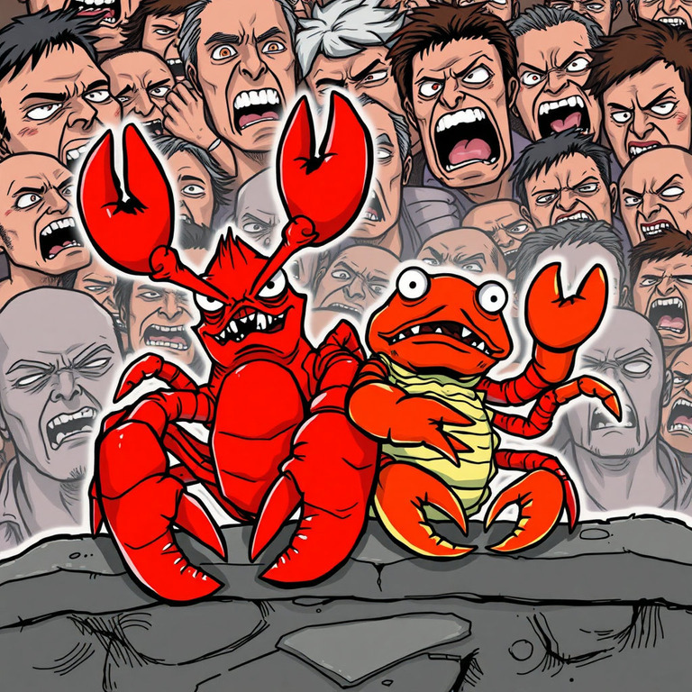 두 마리의 만화 스타일 게와 바닷가재가 바위 위에 앉아 있고, 뒤에는 화난 표정의 사람들 무리가 소리를 지르며 배경을 채우고 있다.