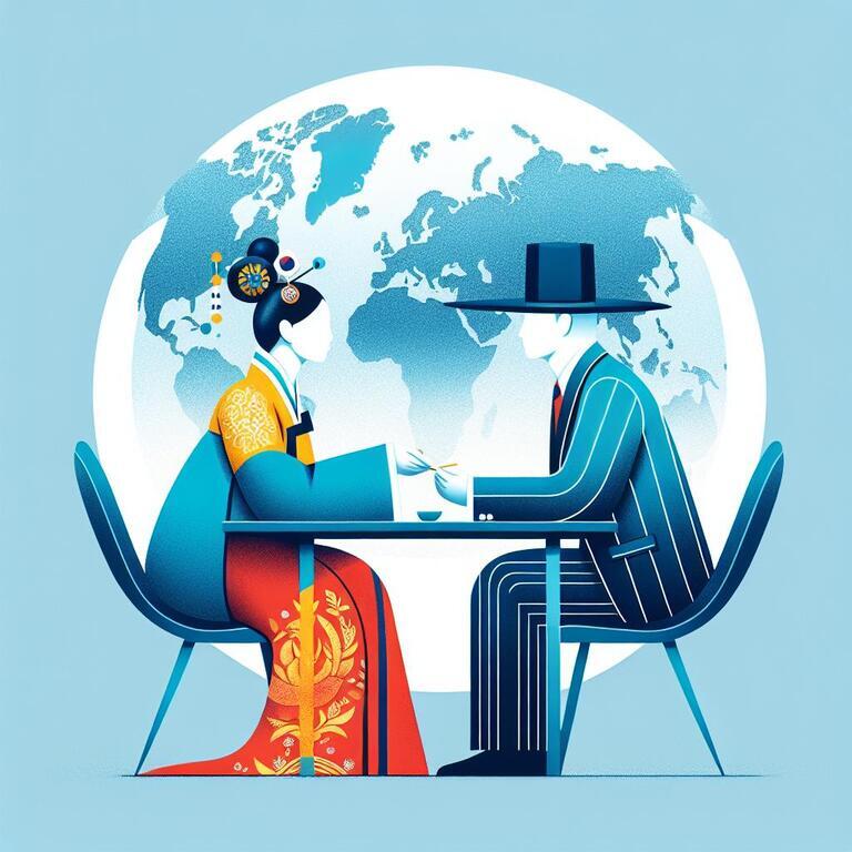 전통 한복을 입은 여성과 서양식 정장을 입은 남성이 테이블에 마주 앉아 대화하는 모습, 배경에는 세계 지도가 보임.