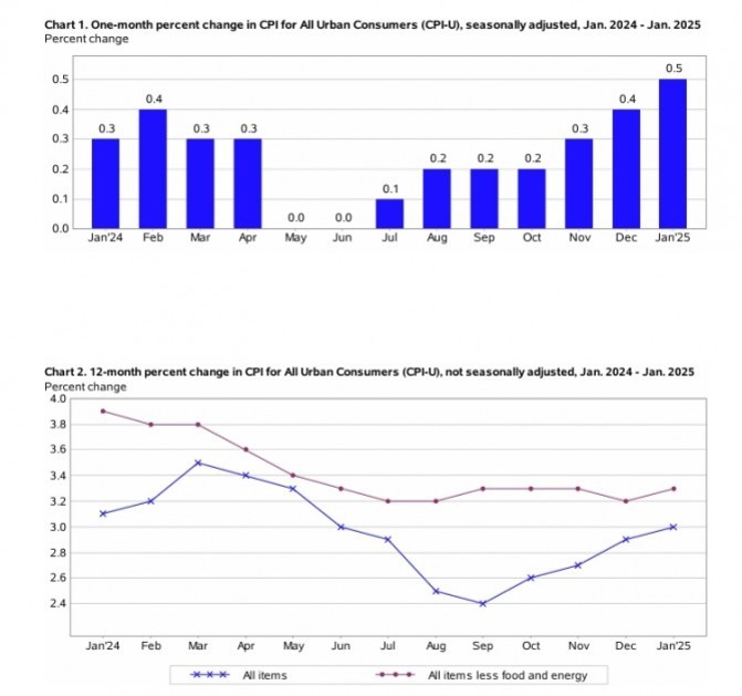 글로벌 인플레이션 영향과 생활비 변화: 2025년 전망과 소비자 대응 전략 3 두 개의 그래프가 있다. 첫 번째는 2024년 1월부터 2025년 1월까지 미국 도시 소비자 물가지수(CPI)의 월간 변동률을 막대그래프로 나타내며, 2024년 5월과 6월은 변화가 없고, 2024년 12월과 2025년 1월에 가장 큰 상승(0.4%, 0.5%)이 있다. 두 번째는 같은 기간 동안의 연간 변동률을 선그래프로 보여주며, '전체 항목'은 점차 하락하다가 연말에 다시 상승하고, '식품 및 에너지를 제외한 전체 항목'은 비교적 완만하게 감소한다.