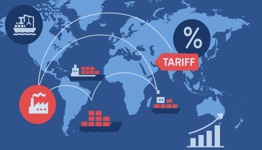세계 지도를 배경으로 선박, 공장, 컨테이너, 관세(TARIFF)와 퍼센트 기호, 그리고 성장 그래프 아이콘이 그려진 무역 및 관세 관련 일러스트
