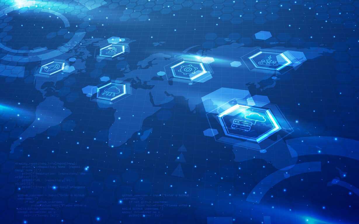 파란색 배경에 세계 지도와 함께 다양한 디지털 아이콘(클라우드, 네트워크 등)이 육각형 프레임 안에 표시된 미래지향적 기술 및 네트워크 개념 이미지