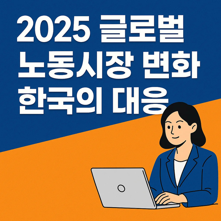 파란색과 주황색 배경에 '2025 글로벌 노동시장 변화 한국의 대응'이라는 글자가 쓰여 있고, 노트북을 사용하는 여성 일러스트가 그려져 있다.